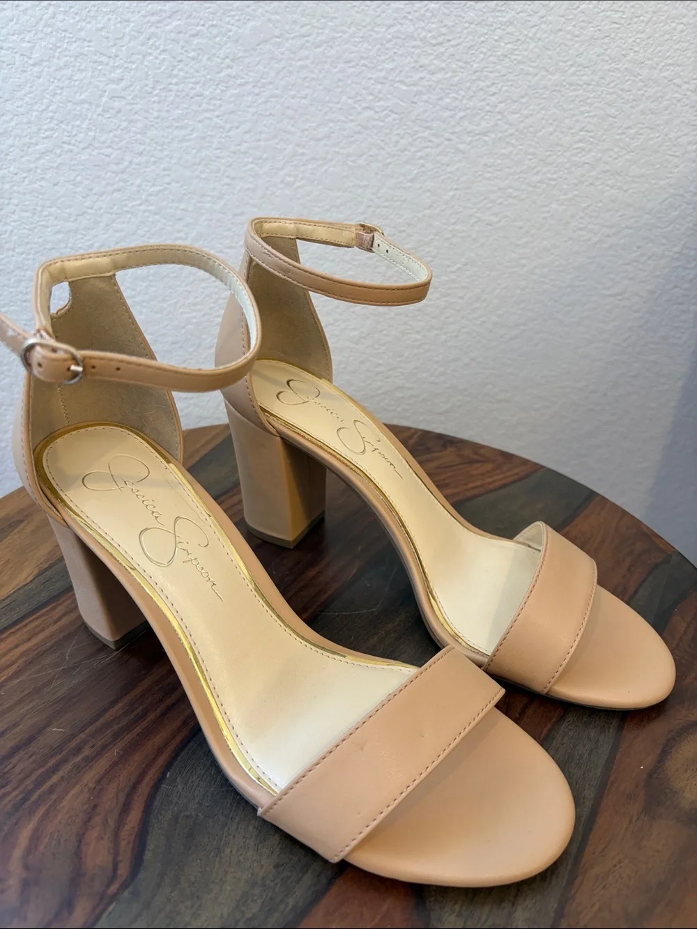 Jessica Simpson Beige Ankle-Strap Block Heel Sandals